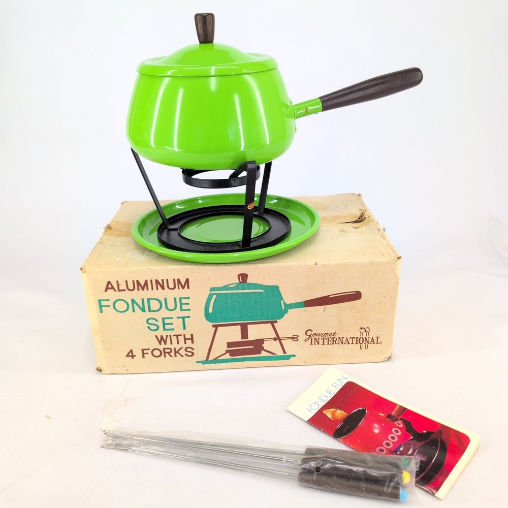 Gourmet International Fondue Set Bright Green Vintage MCM Aluminum 86-14915